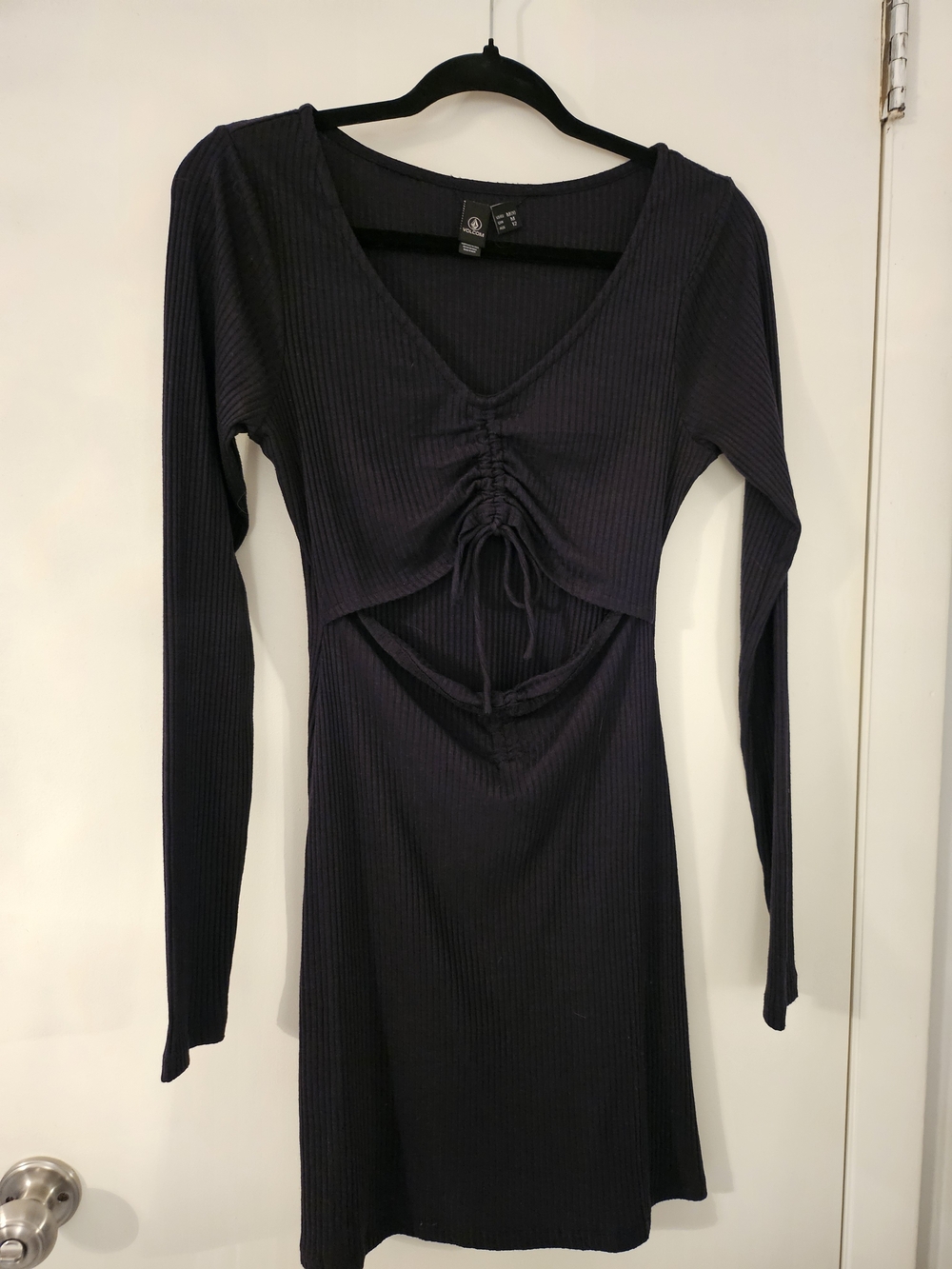 Volcom Black Ribbed Long-Sleeve Drawstring Cutout Dress